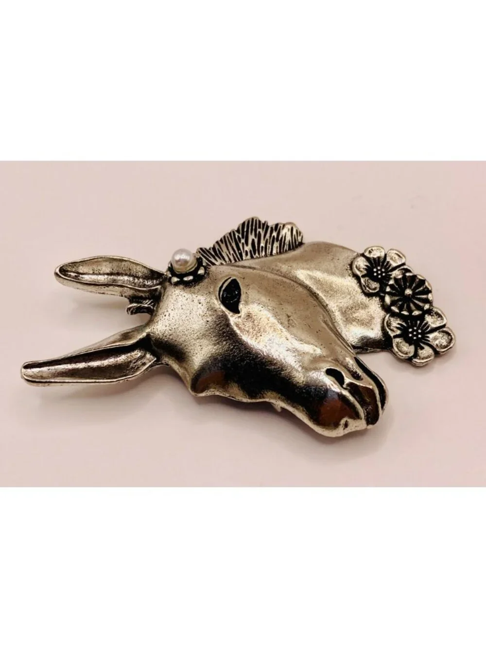 Silver Tone Donkey Head Brooch Pin Faux Pearl -59B